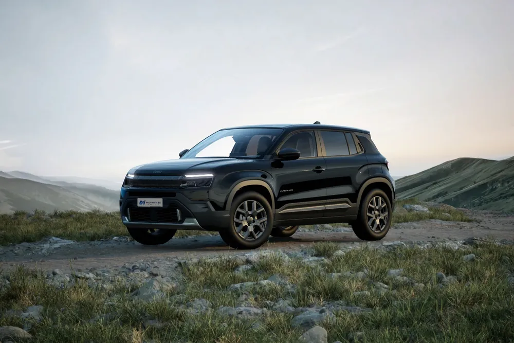Jeep Avenger eHybrid Altitude, tres cuartos delantero en un camino de montaña
