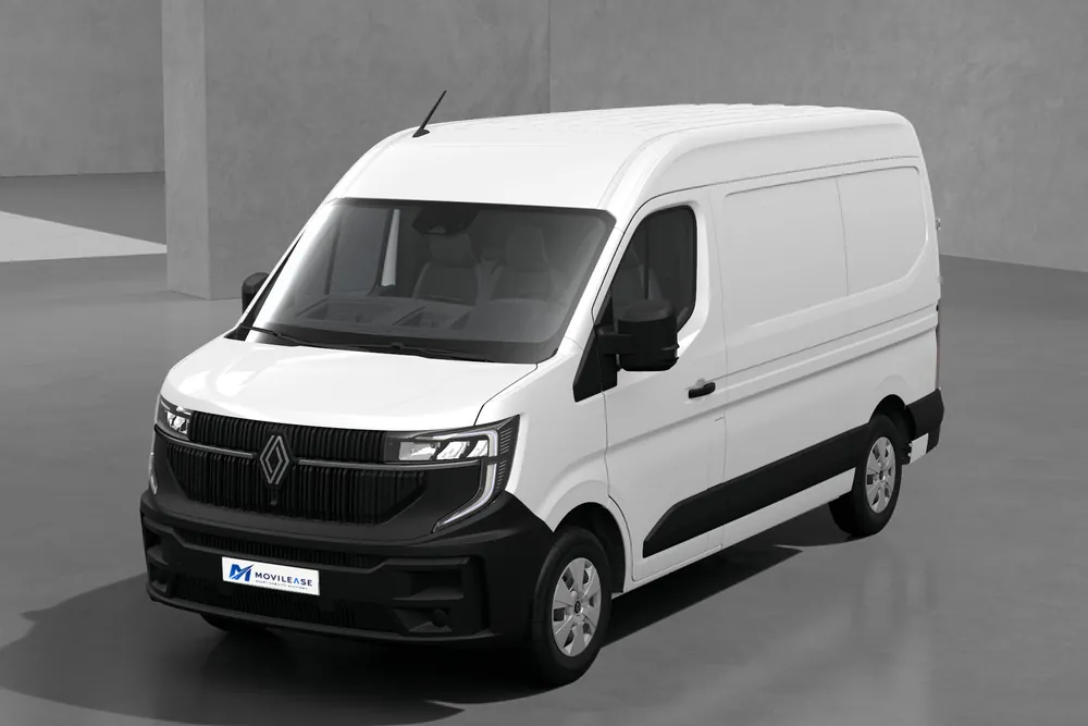 Renault Master Furgón L2H2 en Blanco Mineral, tres cuartos delantero con la placa de MoviLease